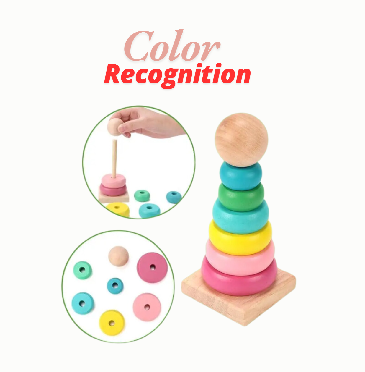 Wooden Rainbow Stacking Rings Toy for Kids Aged 2+, Helps Color Recognization Developing Skills