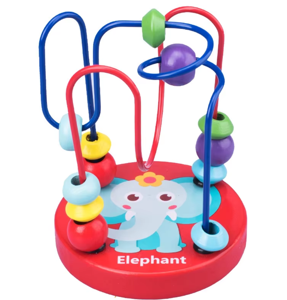 Wooden Bead Maze Activity Toy, Educational Circle Coaster, Red and Elephant Design, Toddler Learning Toy, Sorting & Stacking Toys (Red)